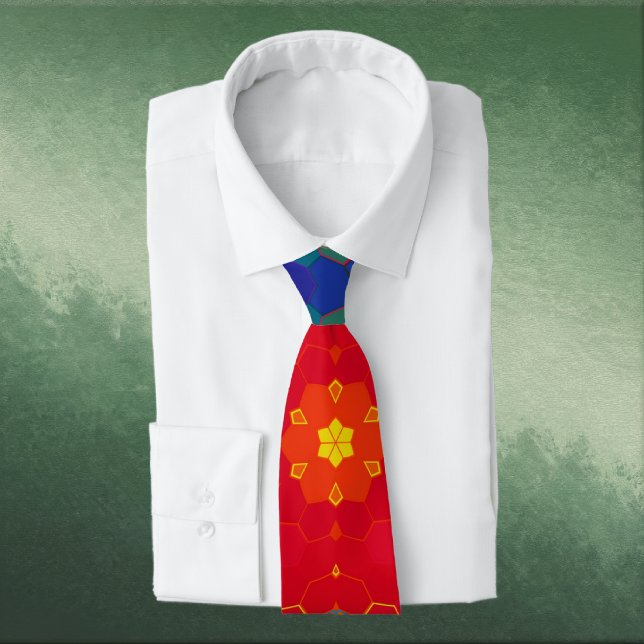Corbata Mandalá Hexagonal Rojo Amarillo y Azul (Red Yellow and Blue Hexagon Mandala Neck Tie by Wormhole Orbital)