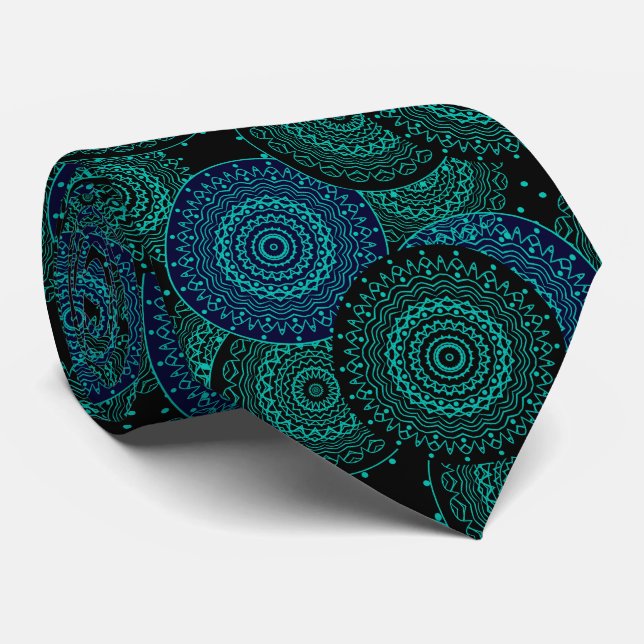 Corbata Mandala redonda azul turquesa sobre fondo negro (Enrollado)