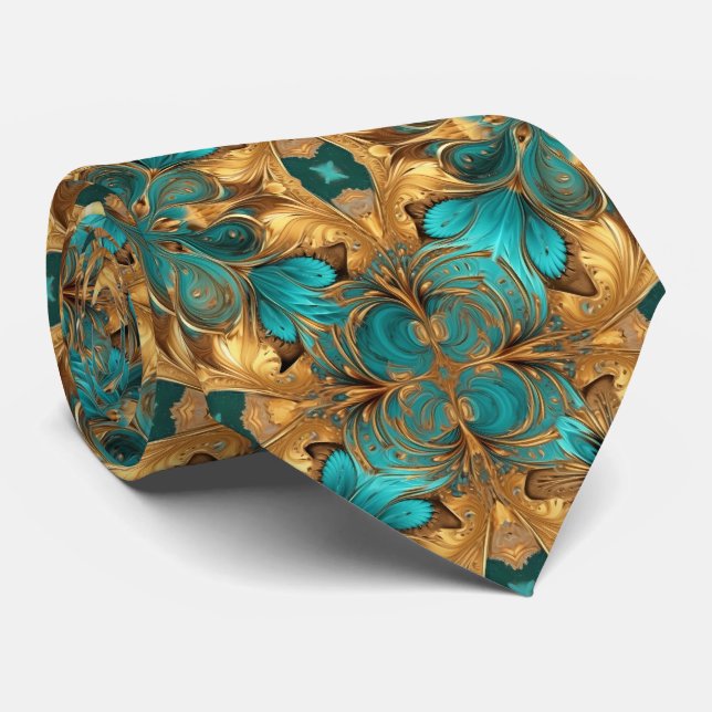 Corbata Mandelbrot azul turquesa dorado (Enrollado)