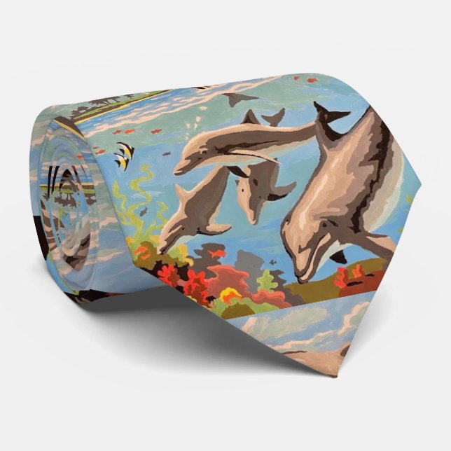 Corbata Mano Pintada Por Número | Delfines lúdicos | (Enrollado)