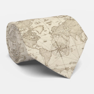 Corbata Mapa Mundial Dibujado a Mano en Tono Sepia Vintage