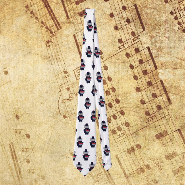 Corbata Marching Band Drummer Cat Navy Blue Red (A tie with a pattern of gray cats playing the snare drum in a navy blue & red marching band uniform.)