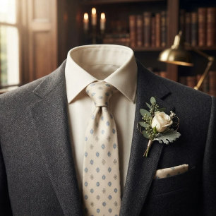 Corbata Marfil Azul Dorado Foulard Ordenado