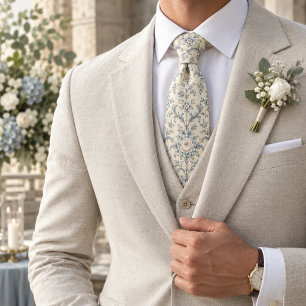 Corbata Marfil Azul Peonía Toile Floral Damask