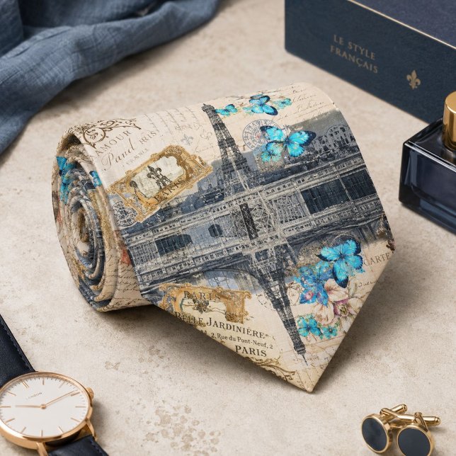 Corbata mariposa azul romántica torre eiffel paris frances (romantic blue butterfly french paris eiffel tower neck tie)