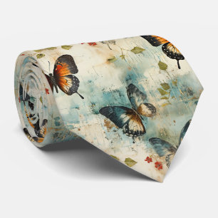 Corbata Mariposa Botánica Verde Azulado Naranja Vintage