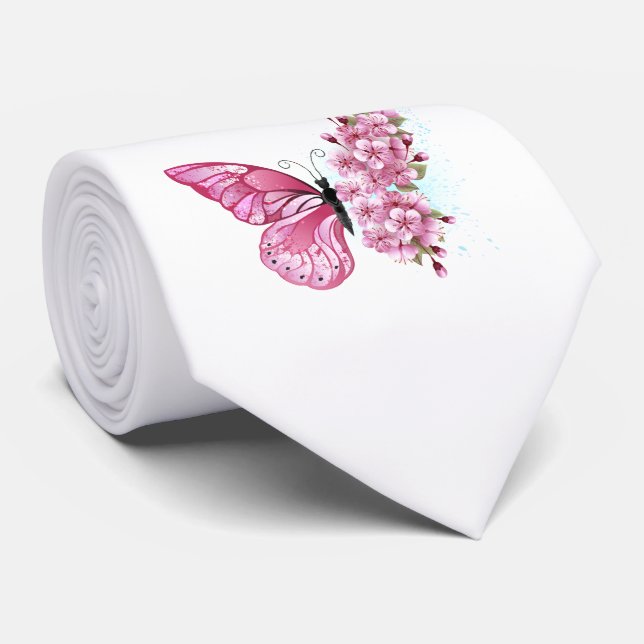 Corbata Mariposa de flores con Sakura rosa (Enrollado)
