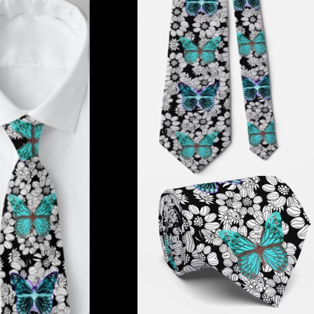 Corbata Mariposas Mariposa Teal Negra y Blanca (Subido por el creador)