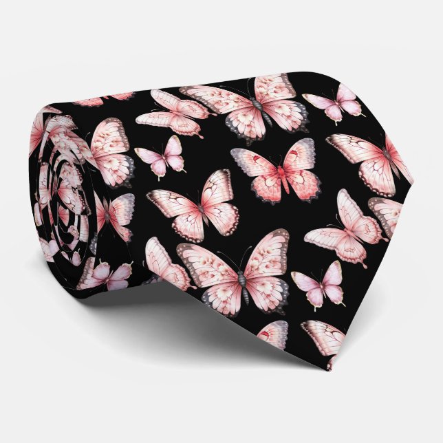 Corbata Mariposas rosadas en el dedo del cuello negro (Enrollado)