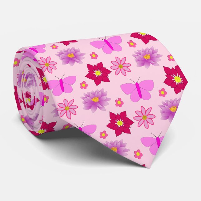 Corbata Mariposas y flores de bebé rosa (Enrollado)