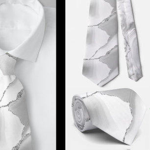 Corbata Mármol abstracto de plata y ágata blanca moderna