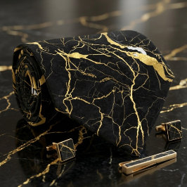 Corbata Mármol Negro y Venas de Oro Patrón Elegante