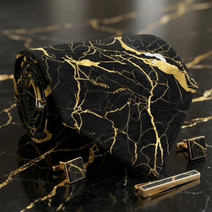 Corbata Mármol Negro y Venas de Oro Patrón Elegante