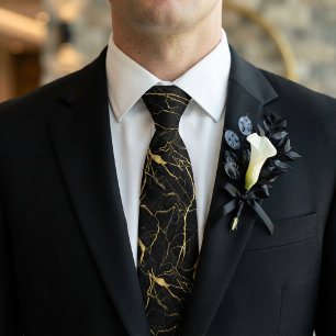 Corbata Mármol Negro y Venas de Oro Patrón Elegante