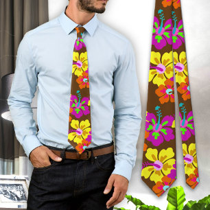 Corbata marrón con estampado floral de Hibisco atr