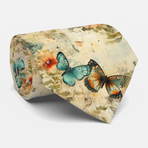 Corbata Marrón Naranja Mariposa Floral Antigua