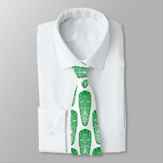 Corbata Máscaras Tiki - Verde hierba sobre blanco (Atado)