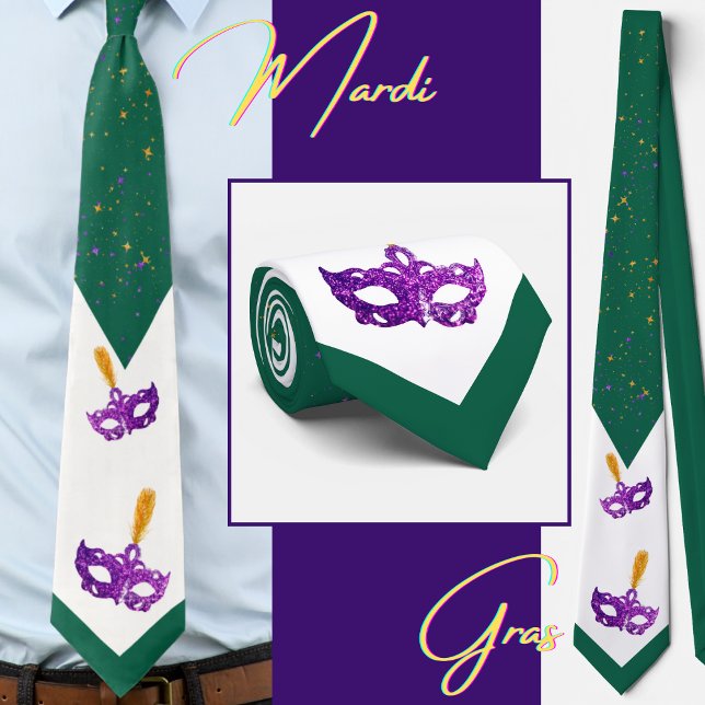 Corbata Máscaras y confettis festivas de Mardi Gras (Different views of this stunning Mardi Gras tie)