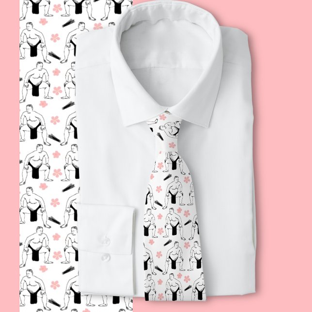 Corbata masculina de Sumo y Cerezo en Flor (Fun sumo wrestling Cherry blossom tie)