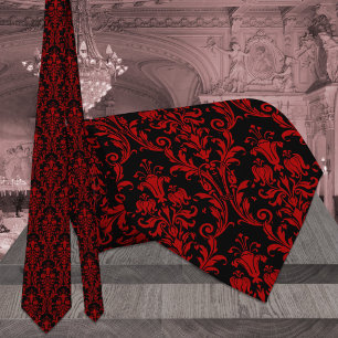 Corbata Matrimonio de Damasco Floral Negro y Rojo