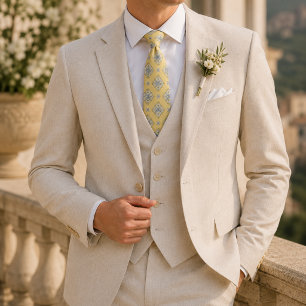 Corbata Medallón de Boda Floral Amarillo Mantequilla Azul