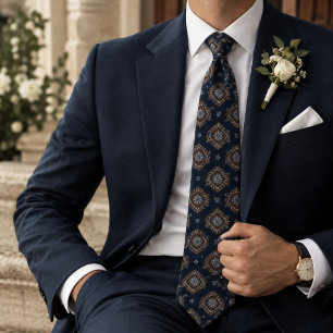 Corbata Medallón Floral Patrimonio Marrón Azul Marino