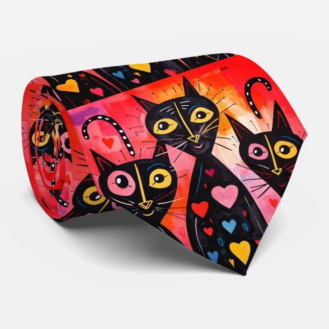 Corbata Men Designer Ties Cat Red Hearts (Enrollado)