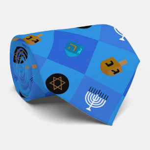 Corbata Menorá de Hanukkah Azul Dreidel y Estrella de Davi