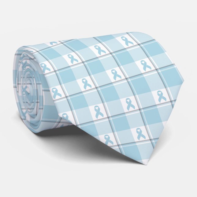 Corbata Mesothelioma Awareness Plaid Light Blue Ribbon (Enrollado)