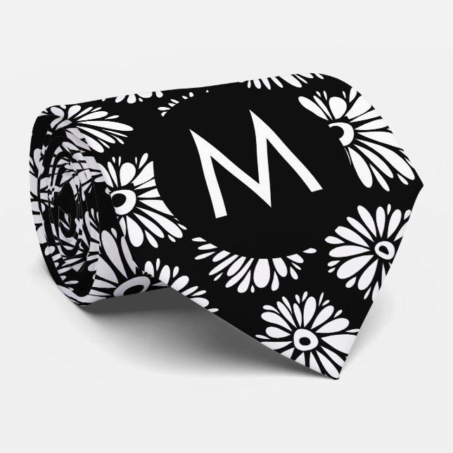 Corbata Minimalist Groovy Black and White Daisy Monogram (Enrollado)