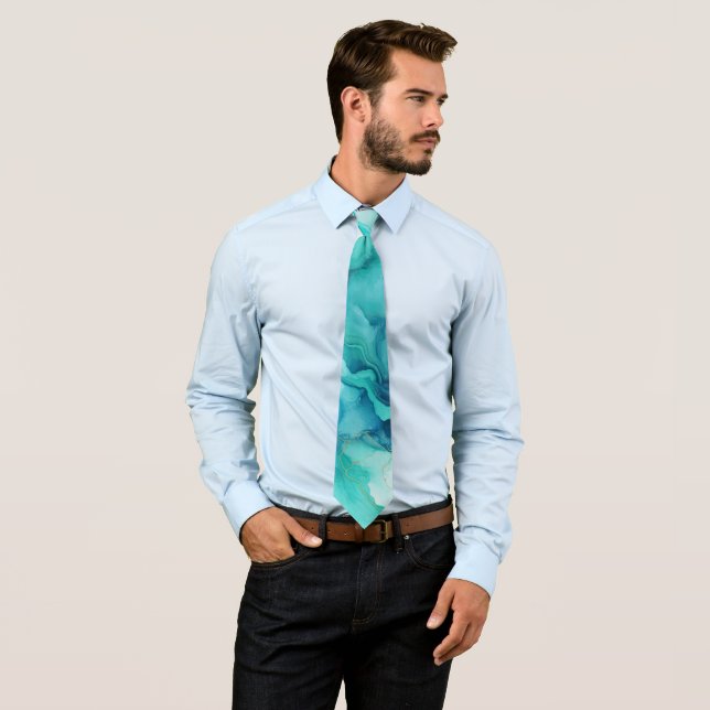 Corbata Mint Aqua Ink Marble (In situ)