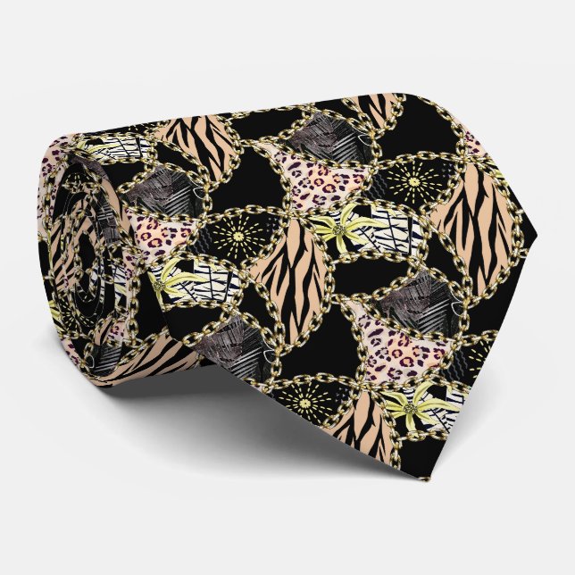 Corbata Moda, abstracta, cadenas, piel de tigre. (Enrollado)