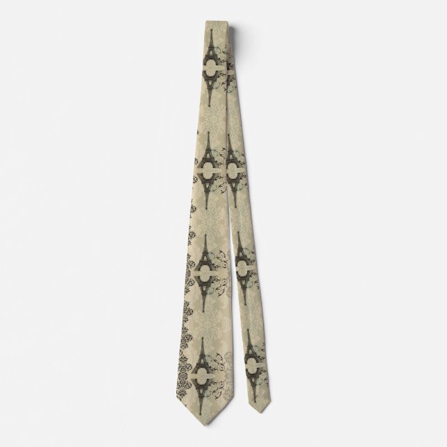Corbata Moda Boho beige Damask Paris Eiffel Tower (Anverso)
