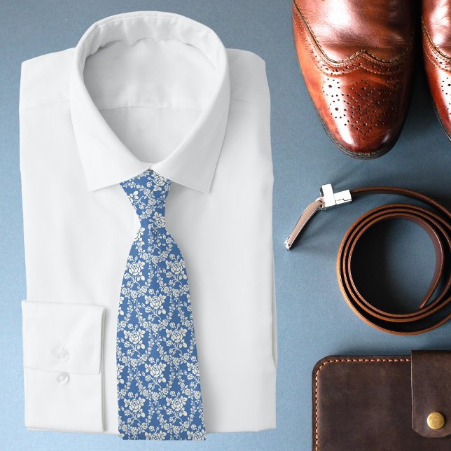 Corbata Moda botánica del patrón floral blanco azul francé (Subido por el creador)