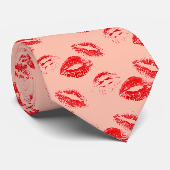 Corbata Moda Red Lip Print Tie on Coral Background (Enrollado)