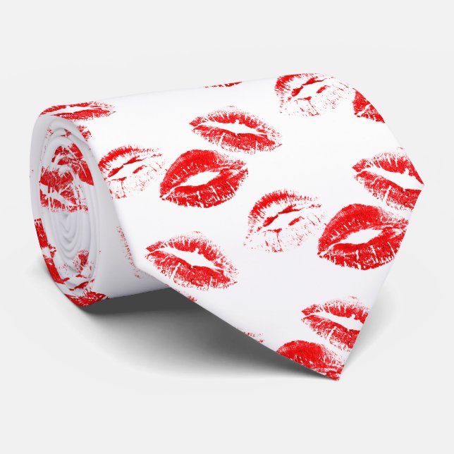Corbata Moda Red Lip Print Tie on White Background (Enrollado)