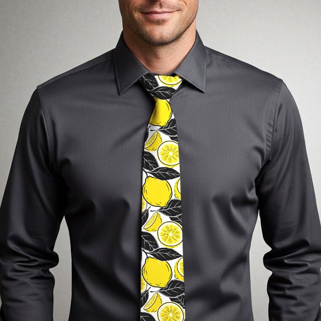 Corbata Modern Bold Lemon & Black Leaves  Seamless Pattern (Subido por el creador)