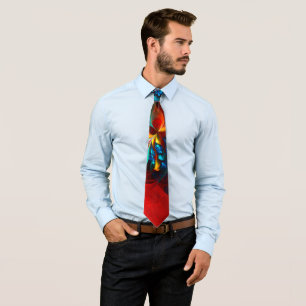 Corbata Modern Floral Resumen Art Naranja Patrón Azul #14