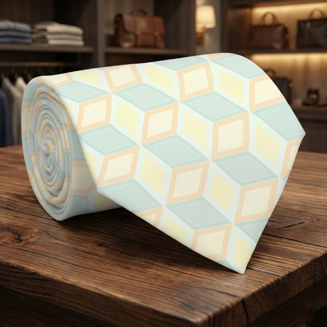 Corbata Modern Pastel Mint Green Peach Geometric 3D Cube (Subido por el creador)