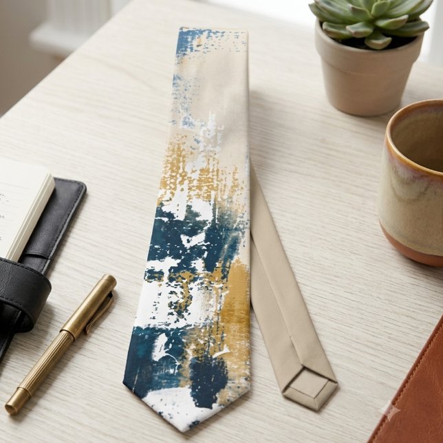 Corbata moderna de pinceladas abstractas en azul m (Bold navy and gold brushstrokes for the modern professional seeking an elevated office look.)
