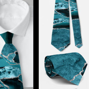 Corbata Moderno Abstracto Agata Azul Teal Formal Plata