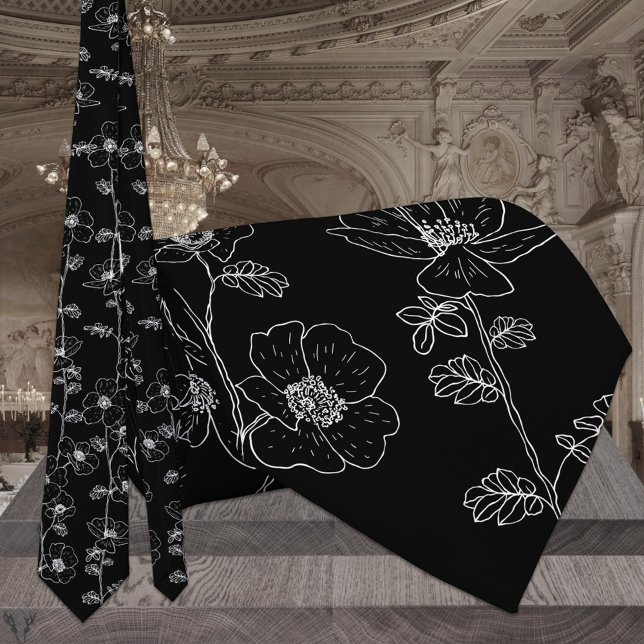 Corbata Moderno Boda de Vino Floral Blanco y Negro (Subido por el creador)