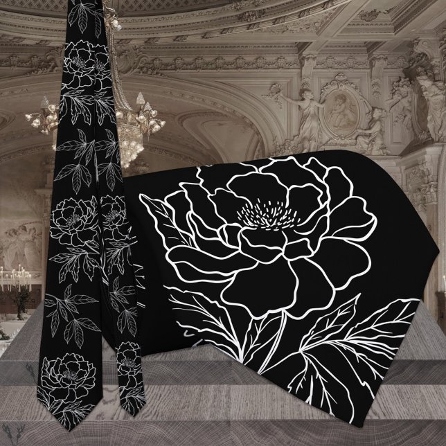 Corbata Moderno Boda Peony de los Jardín Blanco y Negro (Subido por el creador)