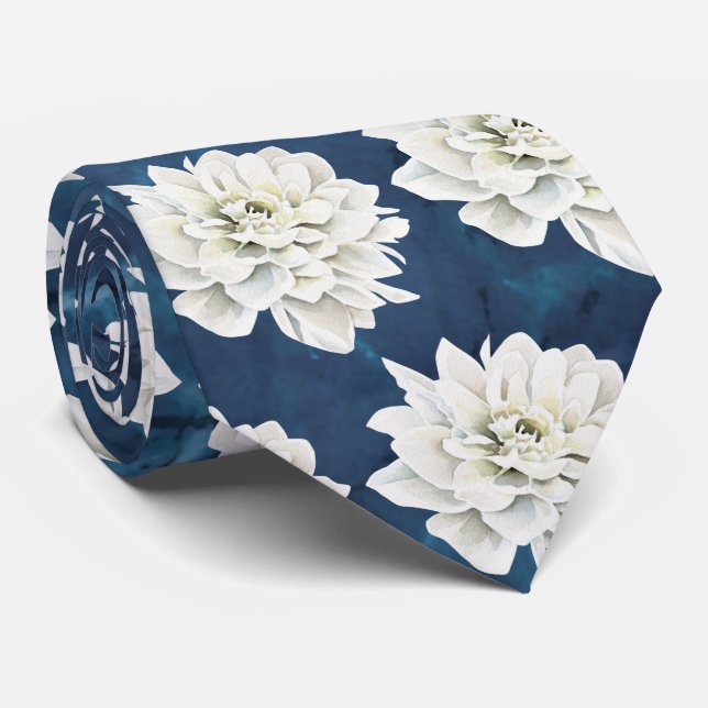 Corbata Moderno Canto De Cuello Azul Floral Blanco (Enrollado)