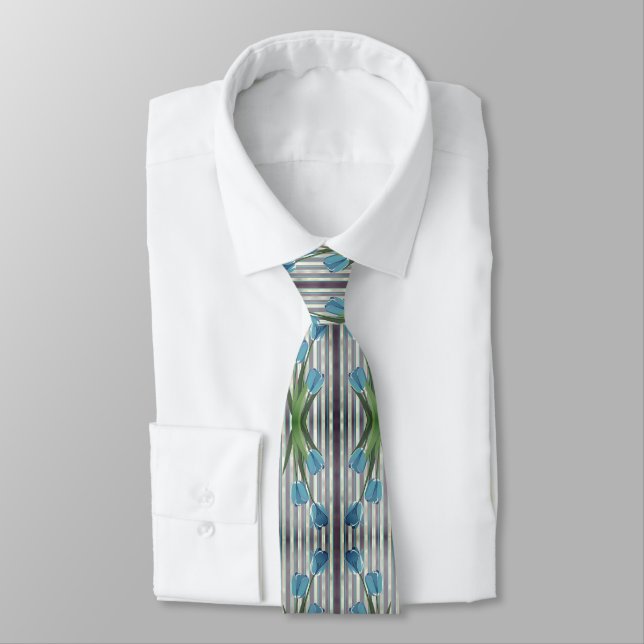 Corbata Modernos Tulipanes Azules Botánicos Elegantes (Atado)