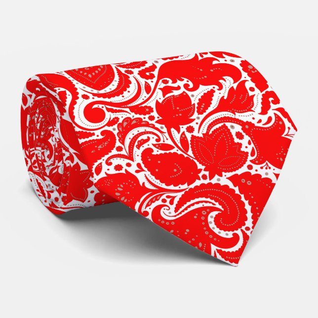 Corbata Mono de flores de paisley rojo y blanco lindo (Enrollado)