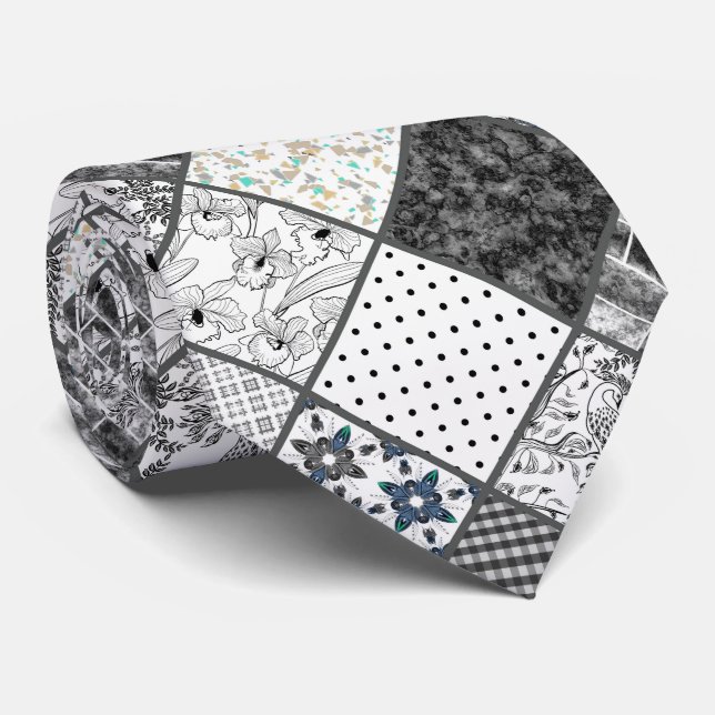 Corbata Monocasco de mosaico sin foco blanco gris negro (Enrollado)