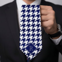 Monogram Houndstooth Pattern White & Blue Wood
