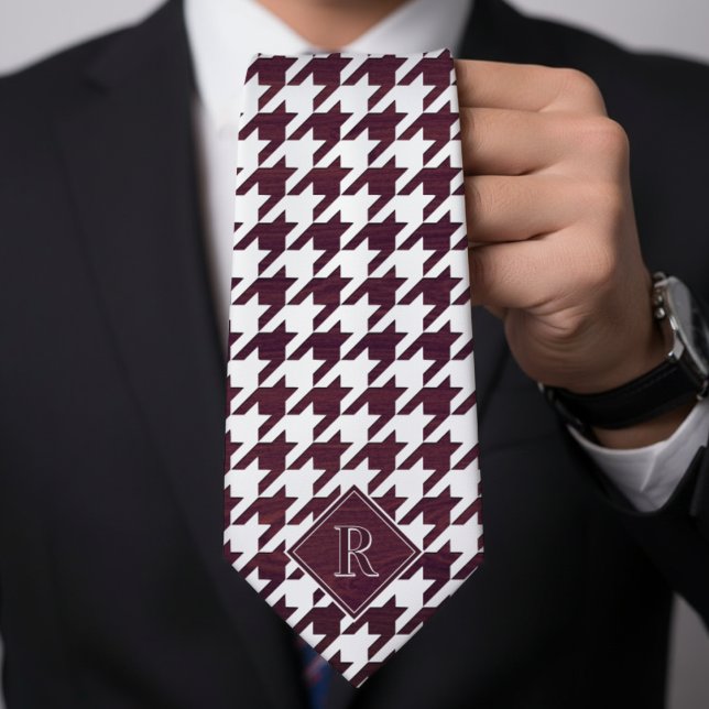 Corbata Monogram Houndstooth Pattern White & Burgundy Wood (Monogram Houndstooth Pattern White & Burgundy Wood Neck Tie
)