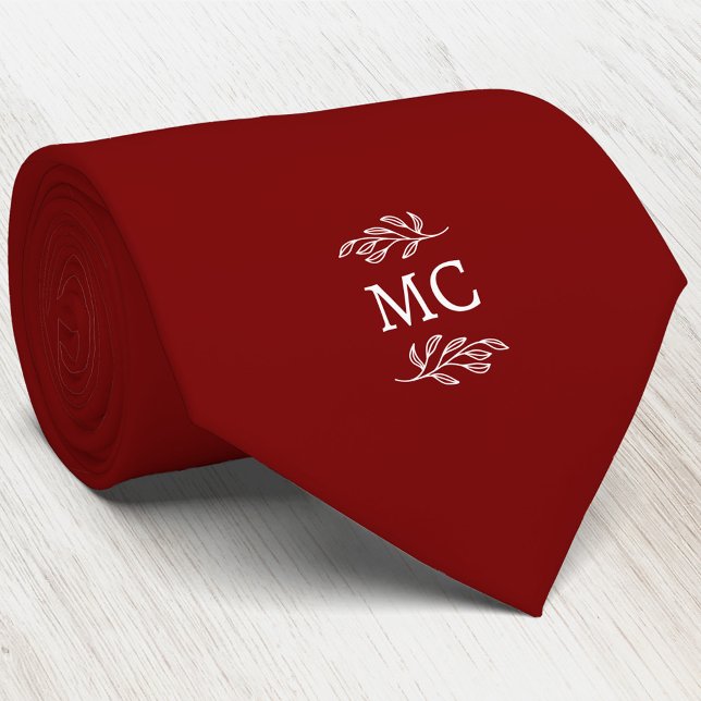 Corbata Monogram Initial Crest Botanical Leaf Burgundy Red (Simple botanical leaf monogram initials personalized crest neck tie)